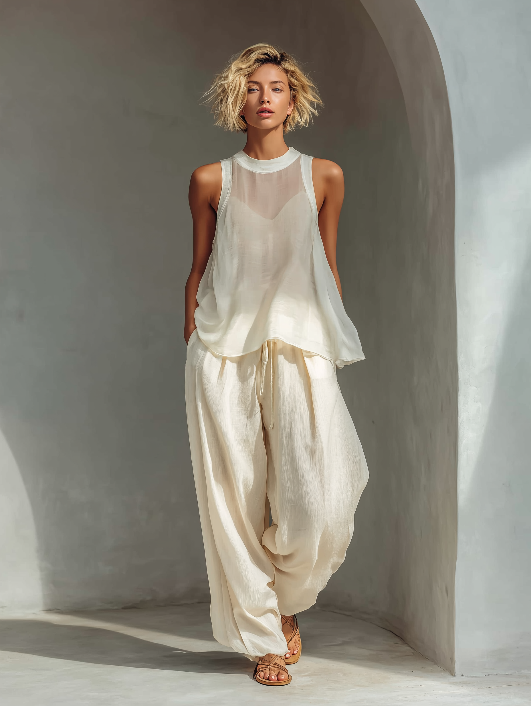 Women’s Cream Chiffon Sleeveless Top & Cotton Linen Wide Leg Pants Set – Relaxed Minimalist 2-Piece Summer Outfit