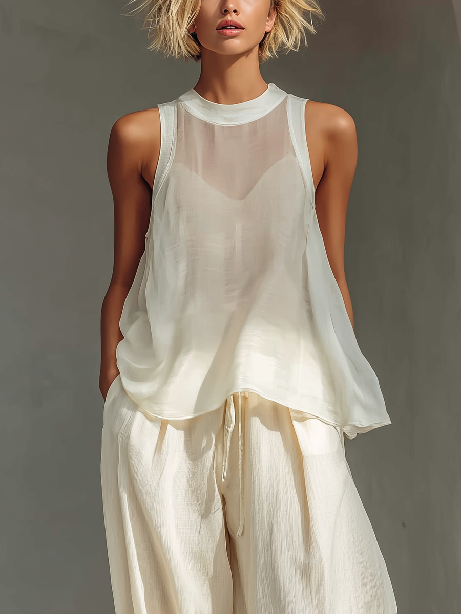 Women’s Cream Chiffon Sleeveless Top & Cotton Linen Wide Leg Pants Set – Relaxed Minimalist 2-Piece Summer Outfit