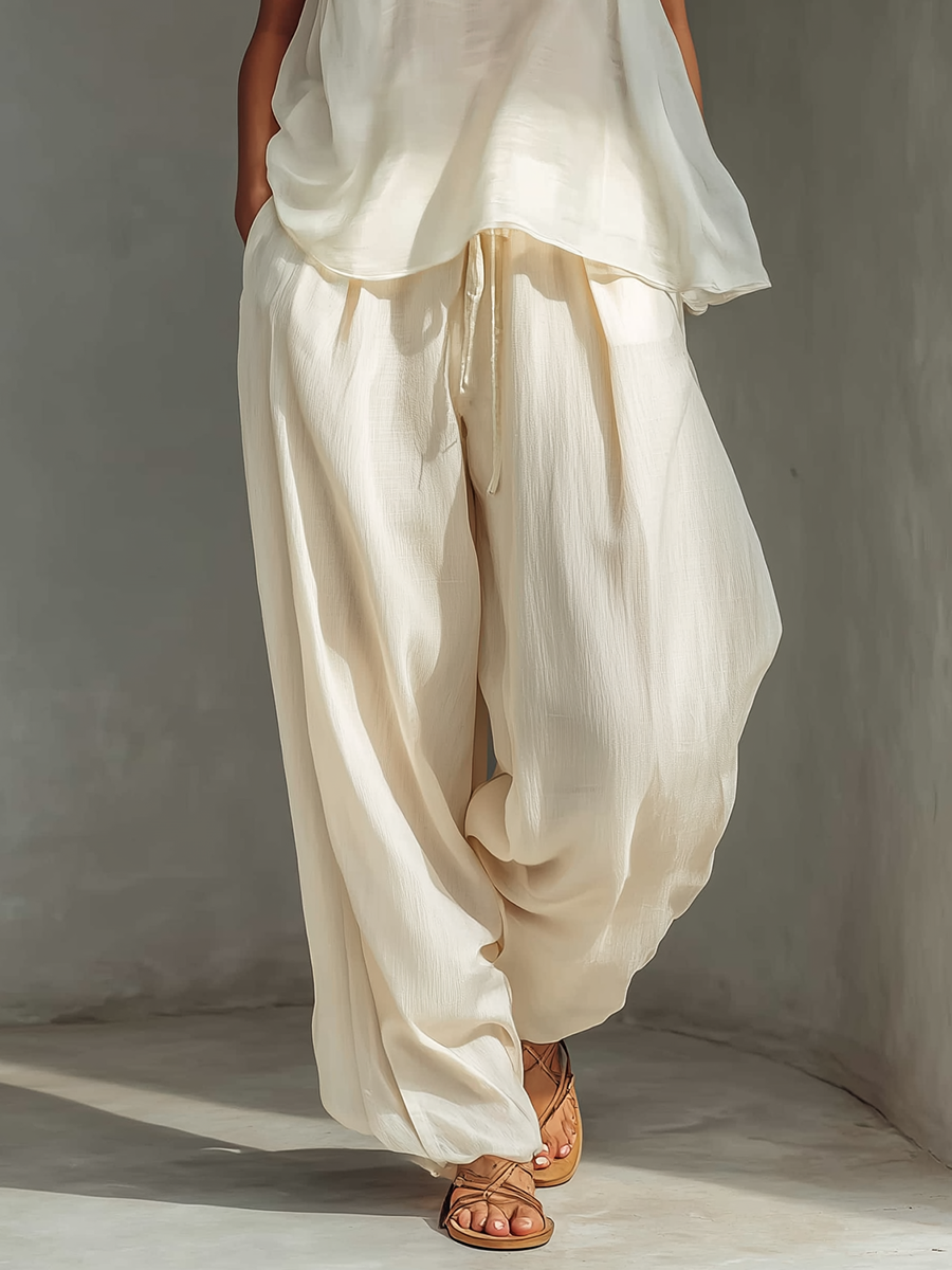 Women’s Cream Chiffon Sleeveless Top & Cotton Linen Wide Leg Pants Set – Relaxed Minimalist 2-Piece Summer Outfit