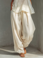 Women’s Cream Chiffon Sleeveless Top & Cotton Linen Wide Leg Pants Set – Relaxed Minimalist 2-Piece Summer Outfit