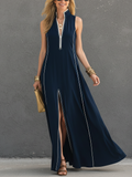 Women’s Dark Blue Stretch Knit Maxi Dress – Sleeveless Stand Collar Slim Fit Sporty Casual Dress