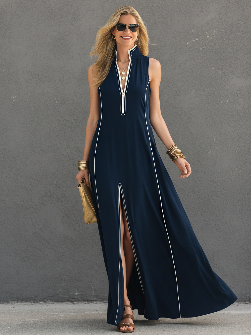 Women’s Dark Blue Stretch Knit Maxi Dress – Sleeveless Stand Collar Slim Fit Sporty Casual Dress