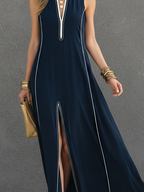 Women’s Dark Blue Stretch Knit Maxi Dress – Sleeveless Stand Collar Slim Fit Sporty Casual Dress