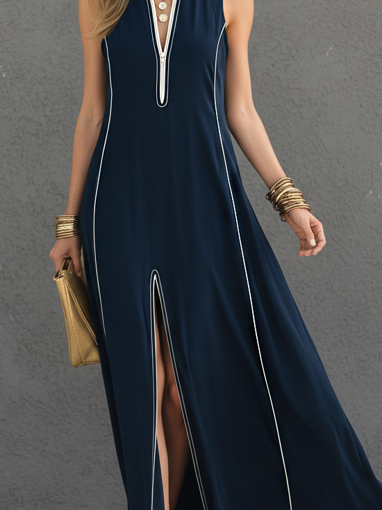 Women’s Dark Blue Stretch Knit Maxi Dress – Sleeveless Stand Collar Slim Fit Sporty Casual Dress