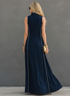 Women’s Dark Blue Stretch Knit Maxi Dress – Sleeveless Stand Collar Slim Fit Sporty Casual Dress