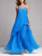 Women’s Blue Chiffon Ruffle Maxi Dress – Spaghetti Strap Flowing Elegant Evening Gown