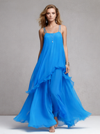 Women’s Blue Chiffon Ruffle Maxi Dress – Spaghetti Strap Flowing Elegant Evening Gown