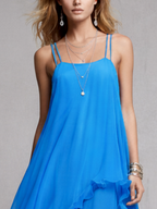 Women’s Blue Chiffon Ruffle Maxi Dress – Spaghetti Strap Flowing Elegant Evening Gown