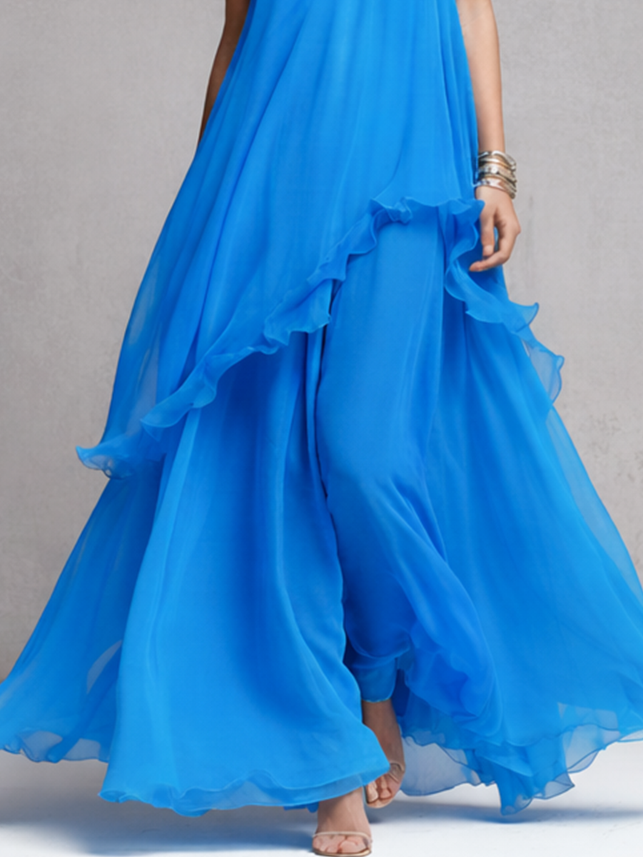 Women’s Blue Chiffon Ruffle Maxi Dress – Spaghetti Strap Flowing Elegant Evening Gown
