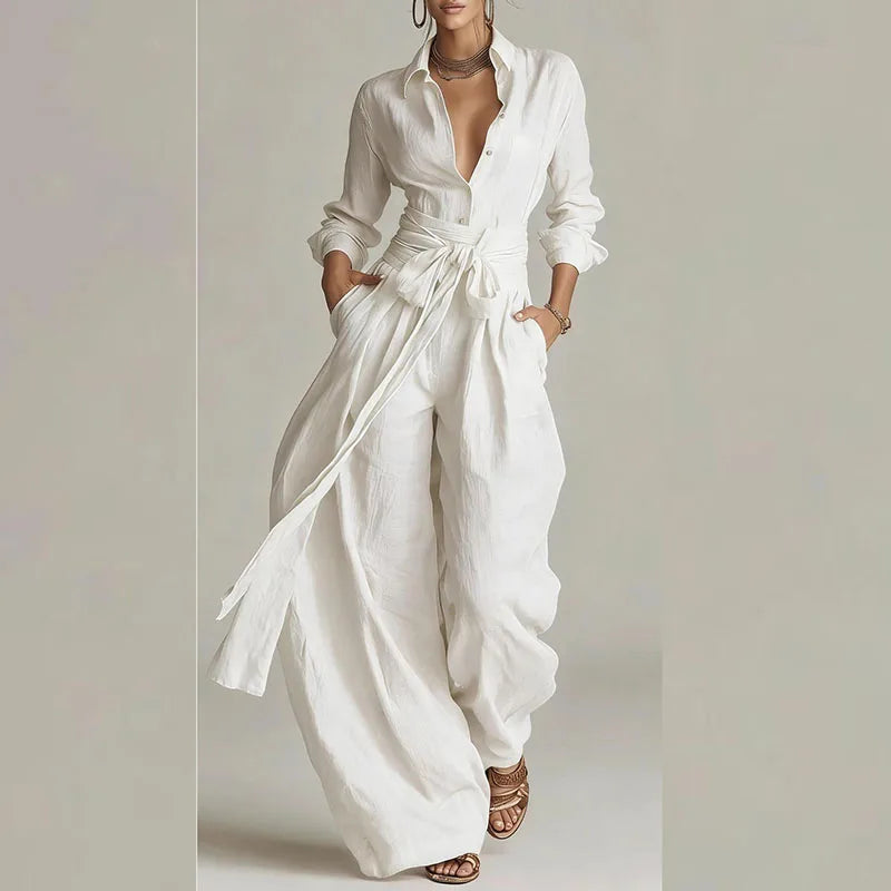 Women’s Two-Piece Suit Set – Long Sleeve Button Shirt & Lace-Up Pants Modern Chic Outfit