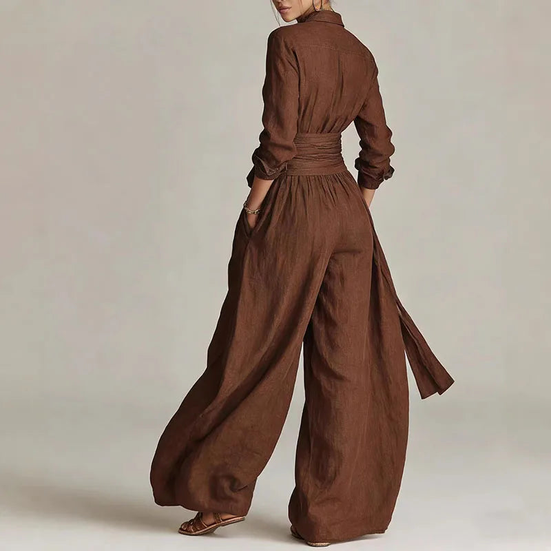 Women’s Two-Piece Suit Set – Long Sleeve Button Shirt & Lace-Up Pants Modern Chic Outfit
