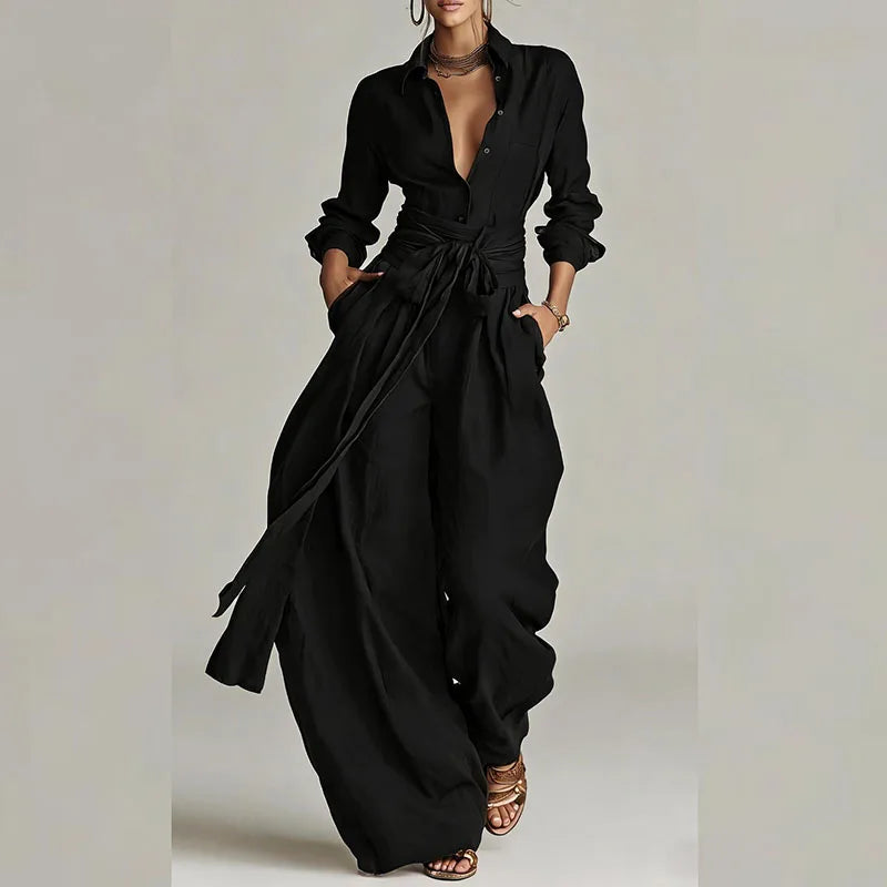 Women’s Two-Piece Suit Set – Long Sleeve Button Shirt & Lace-Up Pants Modern Chic Outfit