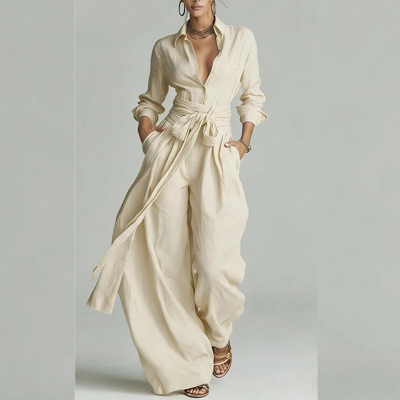 Women’s Two-Piece Suit Set – Long Sleeve Button Shirt & Lace-Up Pants Modern Chic Outfit