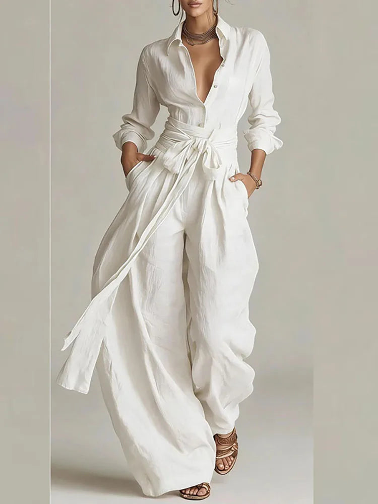 Women’s Two-Piece Suit Set – Long Sleeve Button Shirt & Lace-Up Pants Modern Chic Outfit