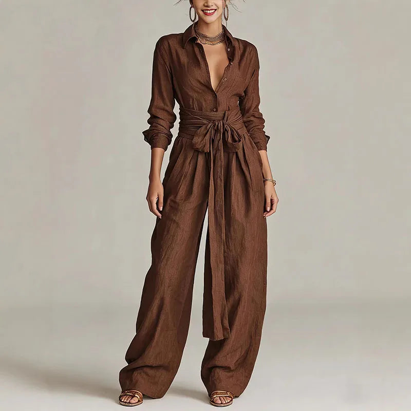 Women’s Two-Piece Suit Set – Long Sleeve Button Shirt & Lace-Up Pants Modern Chic Outfit