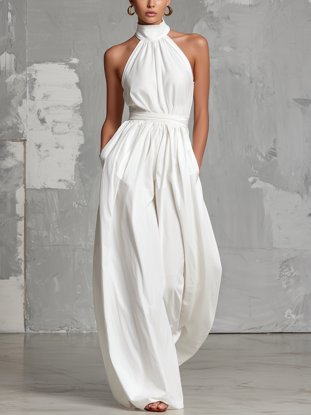 Women’s White Halter Neck Woven Jumpsuit – Minimalist Elegant Full-Length One-Piece Outfit