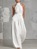 Women’s White Halter Neck Woven Jumpsuit – Minimalist Elegant Full-Length One-Piece Outfit