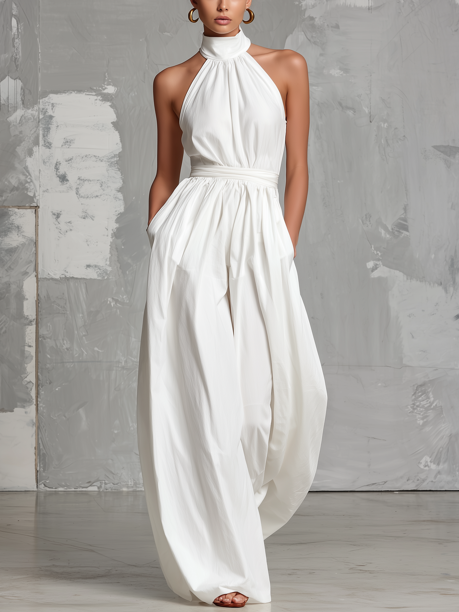 Women’s White Halter Neck Woven Jumpsuit – Minimalist Elegant Full-Length One-Piece Outfit