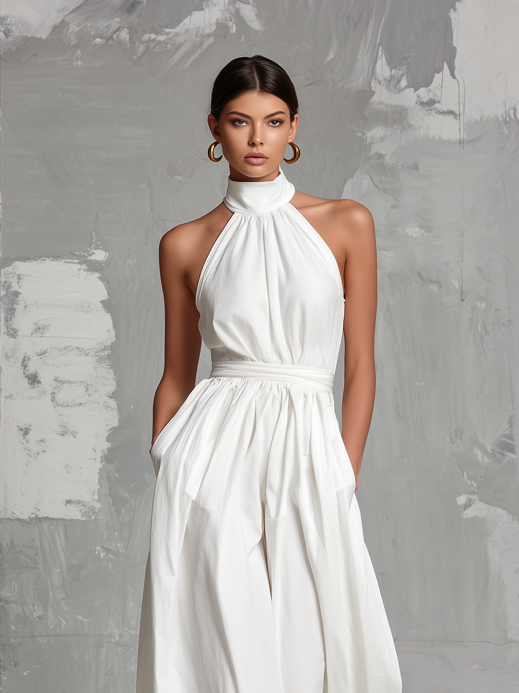 Women’s White Halter Neck Woven Jumpsuit – Minimalist Elegant Full-Length One-Piece Outfit