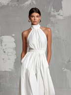Women’s White Halter Neck Woven Jumpsuit – Minimalist Elegant Full-Length One-Piece Outfit