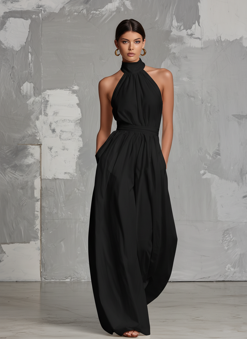 Women’s White Halter Neck Woven Jumpsuit – Minimalist Elegant Full-Length One-Piece Outfit