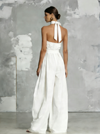 Women’s White Halter Neck Woven Jumpsuit – Minimalist Elegant Full-Length One-Piece Outfit