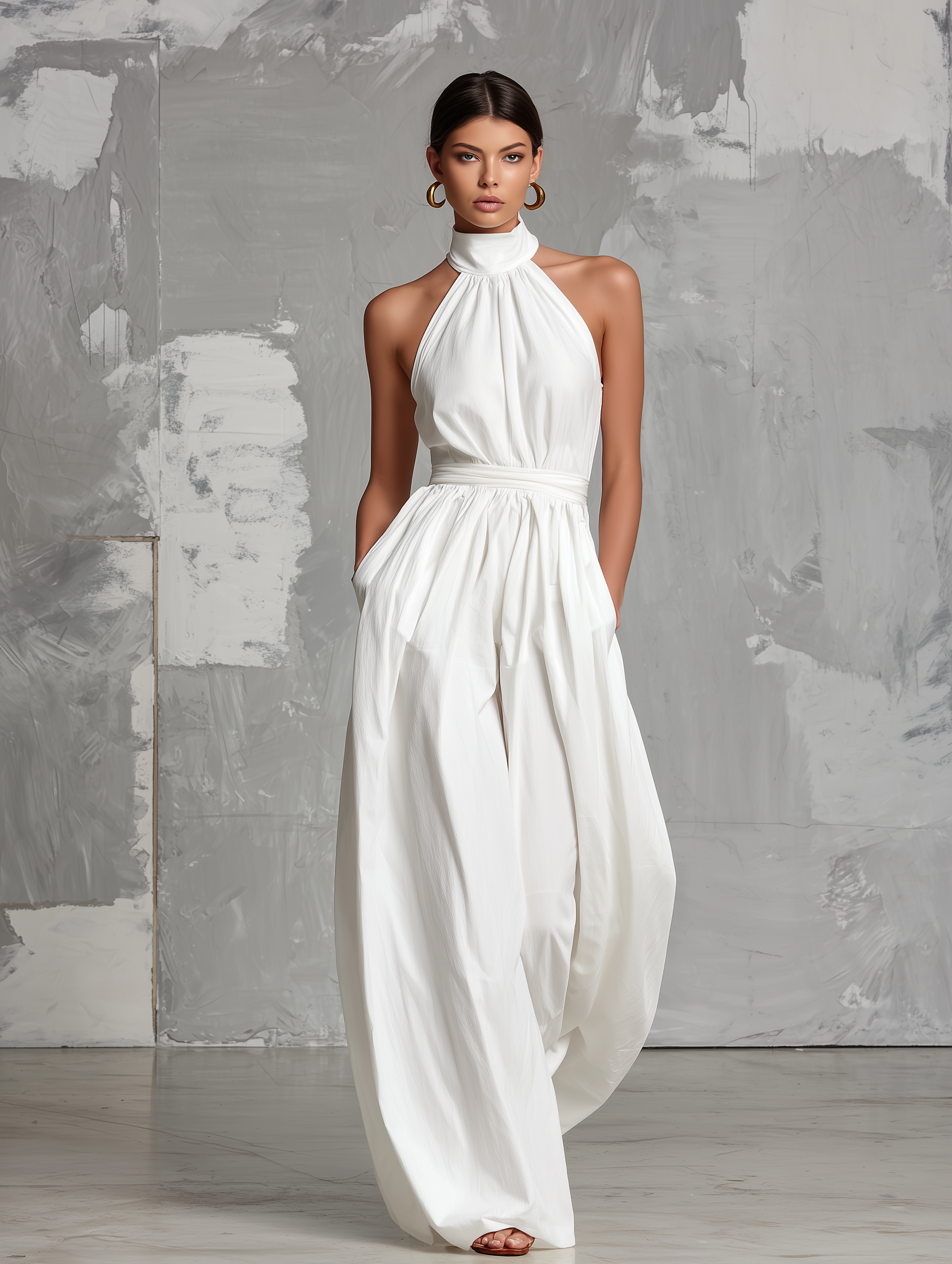 Women’s White Halter Neck Woven Jumpsuit – Minimalist Elegant Full-Length One-Piece Outfit