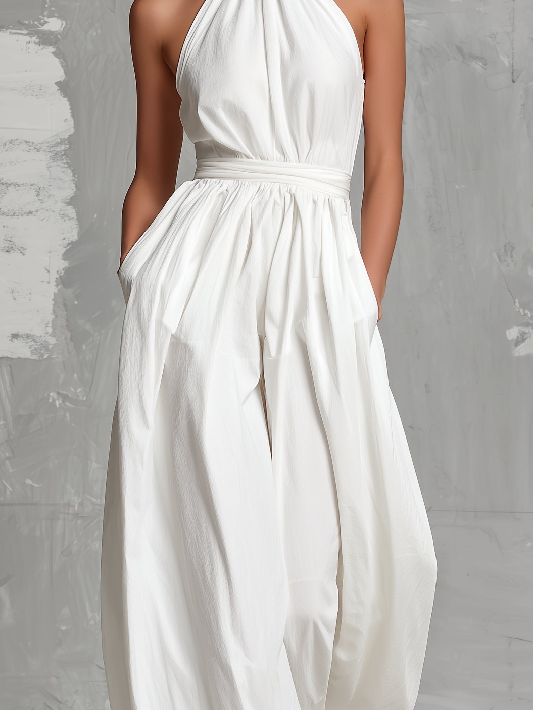 Women’s White Halter Neck Woven Jumpsuit – Minimalist Elegant Full-Length One-Piece Outfit