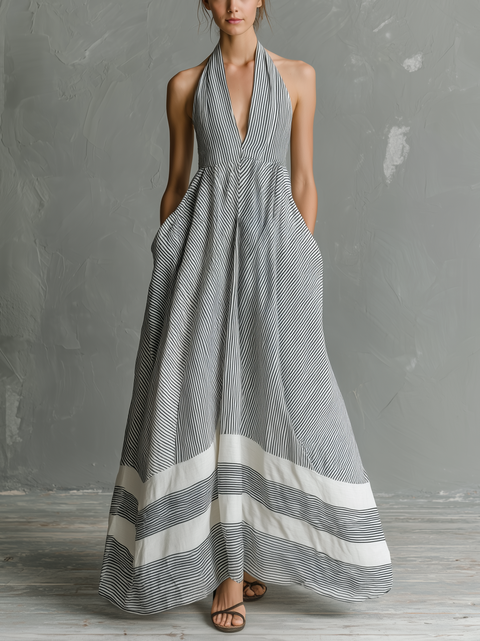 Women’s Grey White Striped Halter Maxi Dress – Lightweight Flowing Sleeveless Resort Casual Summer Dress