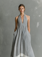 Women’s Grey White Striped Halter Maxi Dress – Lightweight Flowing Sleeveless Resort Casual Summer Dress