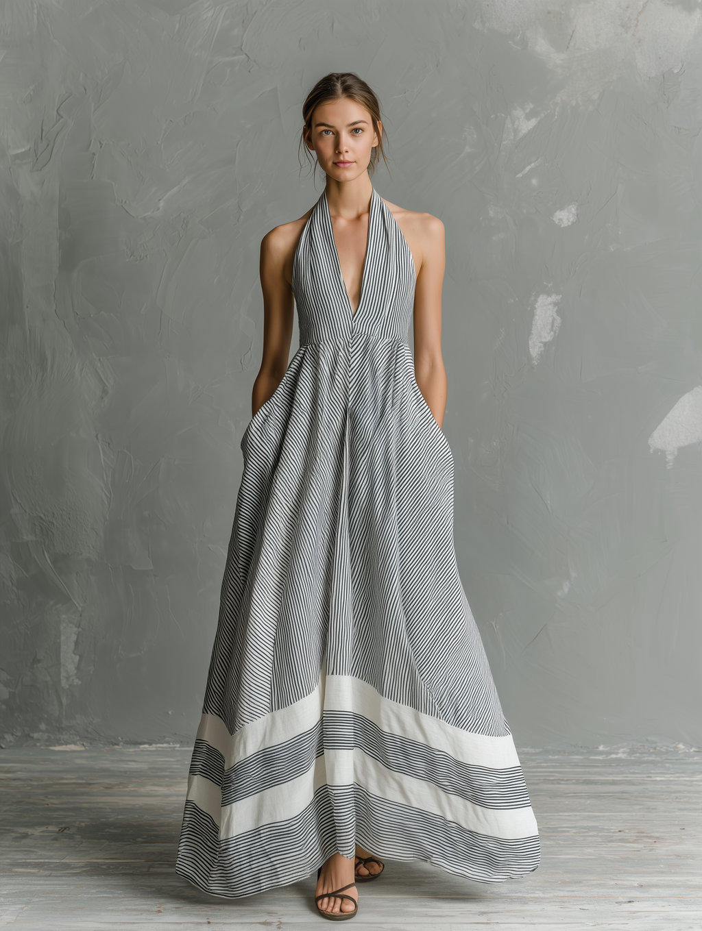 Women’s Grey White Striped Halter Maxi Dress – Lightweight Flowing Sleeveless Resort Casual Summer Dress