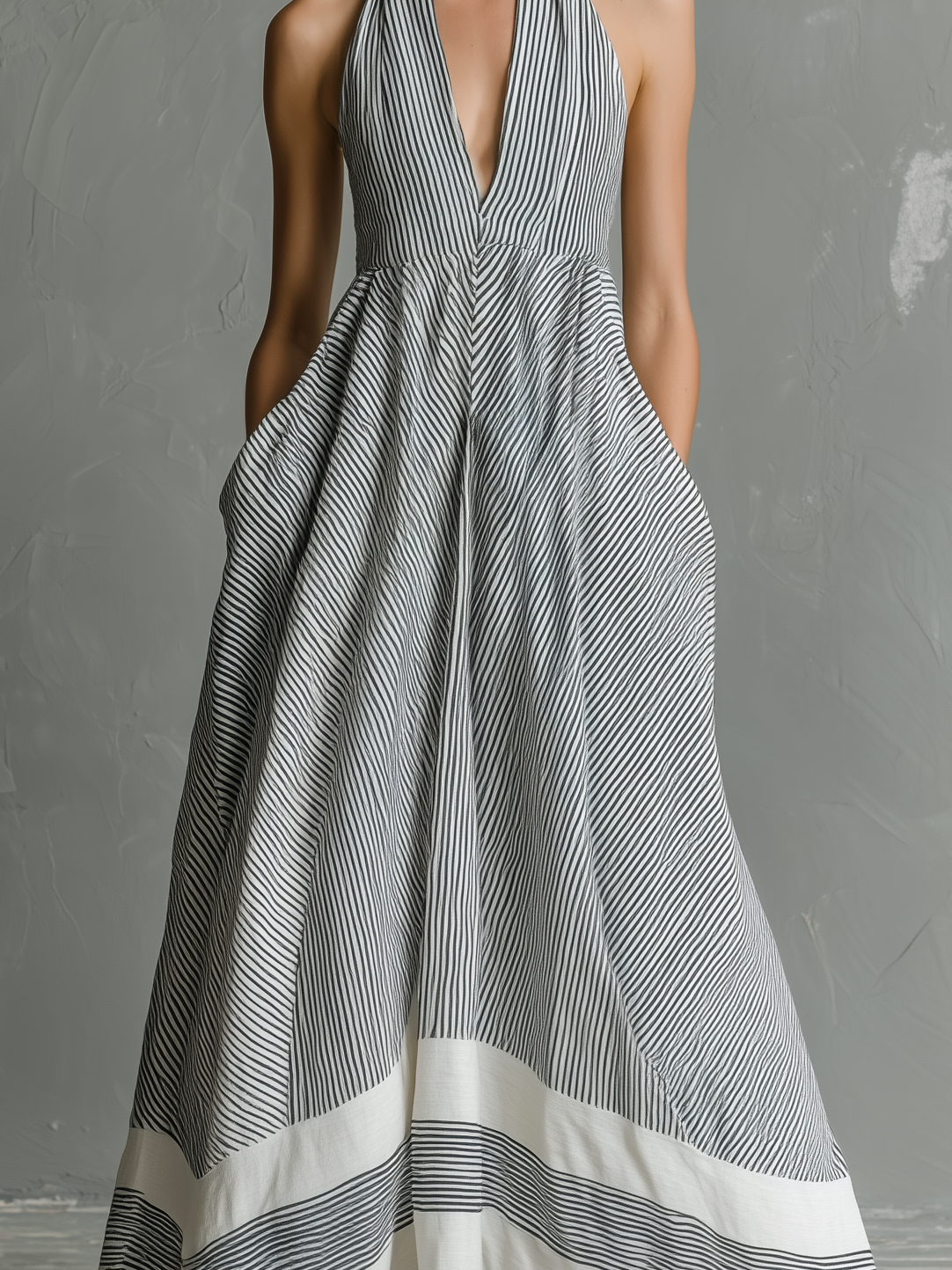 Women’s Grey White Striped Halter Maxi Dress – Lightweight Flowing Sleeveless Resort Casual Summer Dress