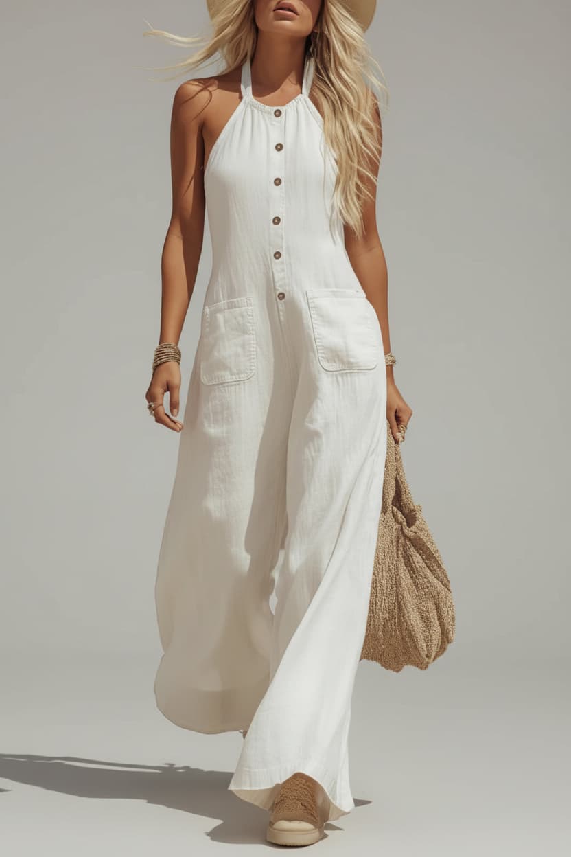 Women’s White Halter Wide-Leg Jumpsuit – Button Front Linen-Look Summer Resort Outfit