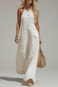 Women’s White Halter Wide-Leg Jumpsuit – Button Front Linen-Look Summer Resort Outfit