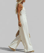 Women’s White Halter Wide-Leg Jumpsuit – Button Front Linen-Look Summer Resort Outfit