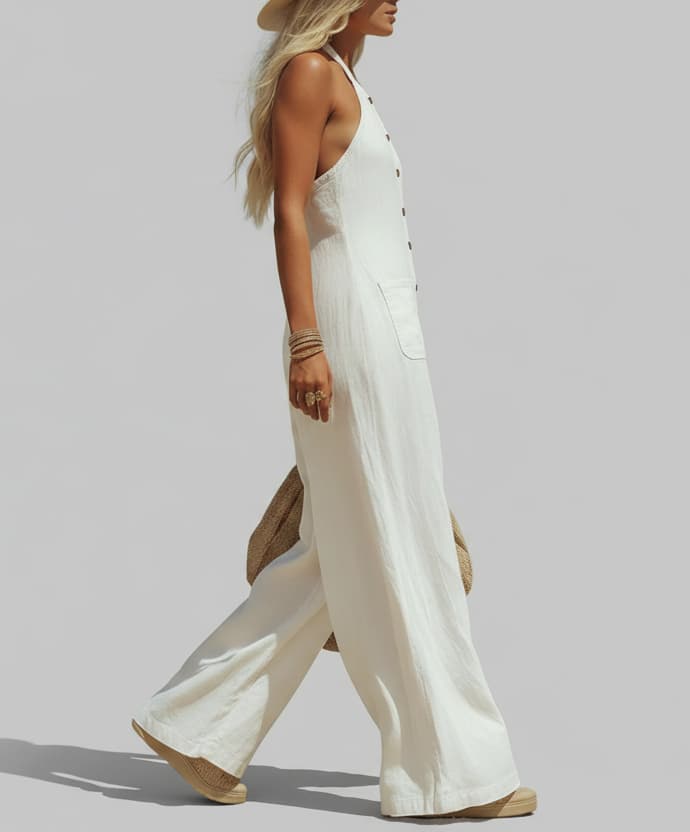 Women’s White Halter Wide-Leg Jumpsuit – Button Front Linen-Look Summer Resort Outfit