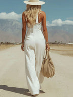 Women’s White Halter Wide-Leg Jumpsuit – Button Front Linen-Look Summer Resort Outfit