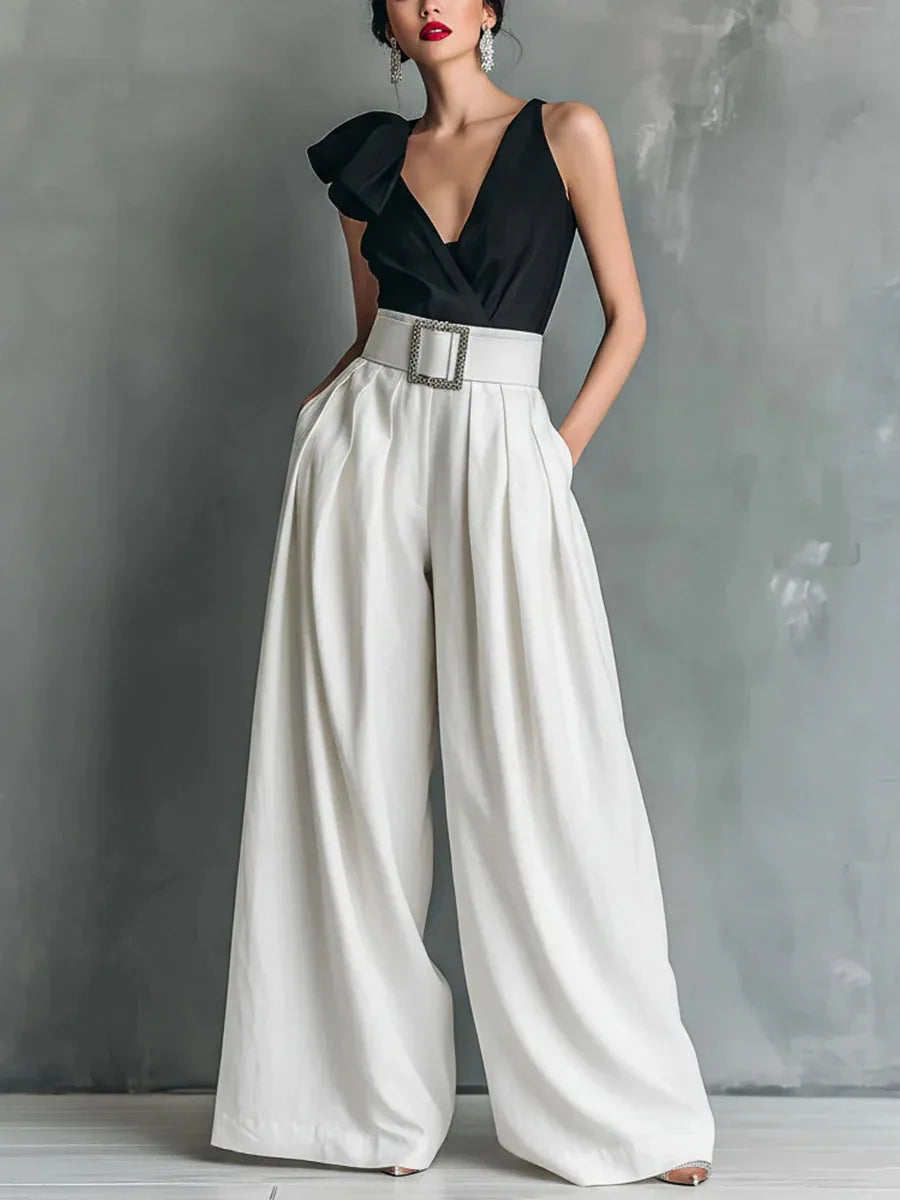 Women’s High-Waisted Wide Leg Pants – Solid Color Relaxed Fit Casual Trousers