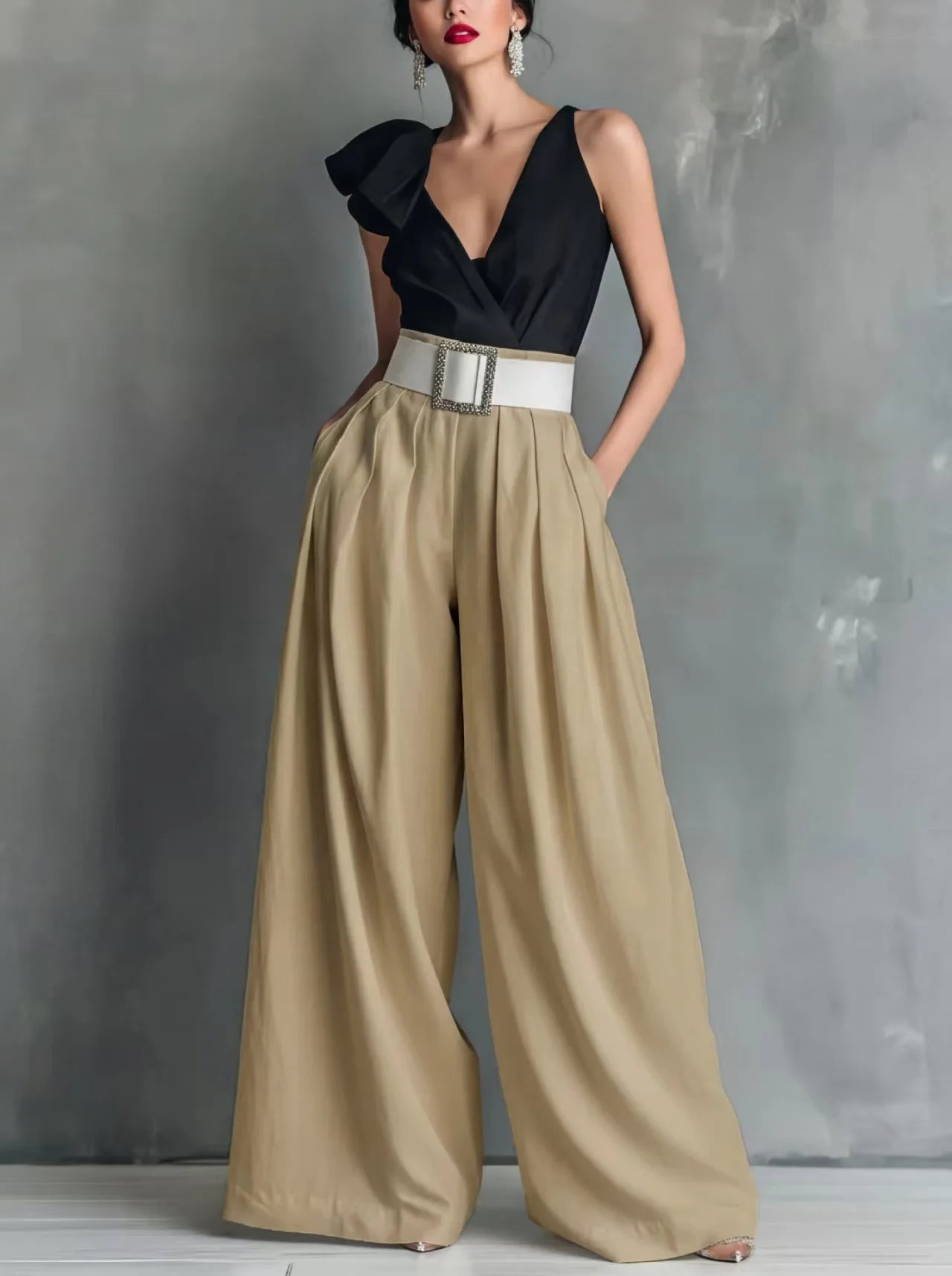 Women’s High-Waisted Wide Leg Pants – Solid Color Relaxed Fit Casual Trousers