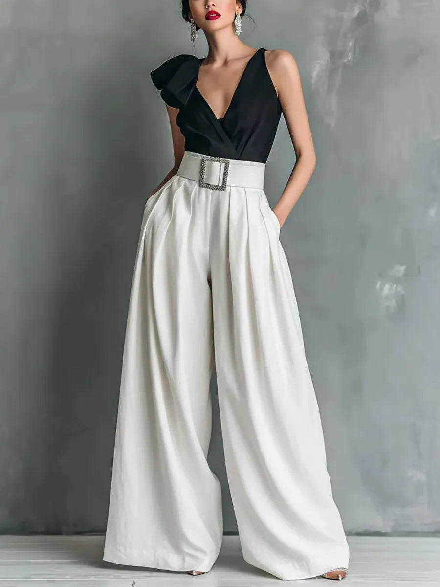 Women’s High-Waisted Wide Leg Pants – Solid Color Relaxed Fit Casual Trousers