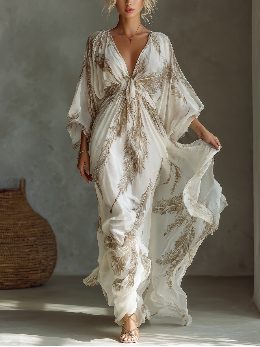Plume Goddess Kaftan Maxi Dress White & Gold Feather Print