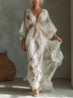 Plume Goddess Kaftan Maxi Dress White & Gold Feather Print
