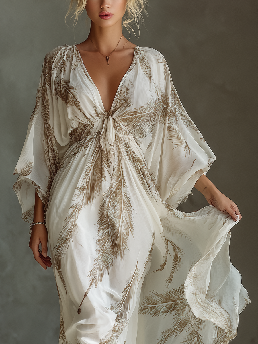 Plume Goddess Kaftan Maxi Dress White & Gold Feather Print