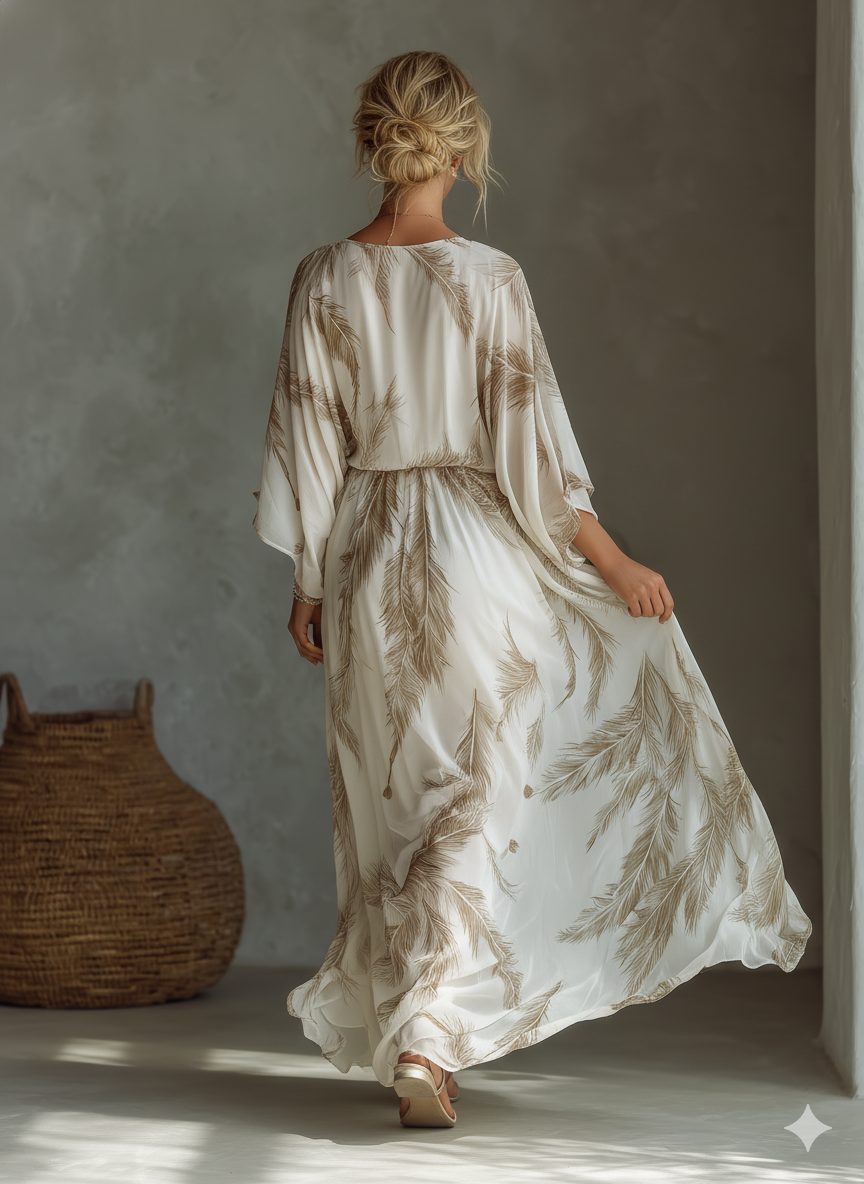 Plume Goddess Kaftan Maxi Dress White & Gold Feather Print