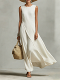 Solène Linen Maxi Dress Ivory Sleeveless Layered Midi