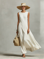 Solène Linen Maxi Dress Ivory Sleeveless Layered Midi