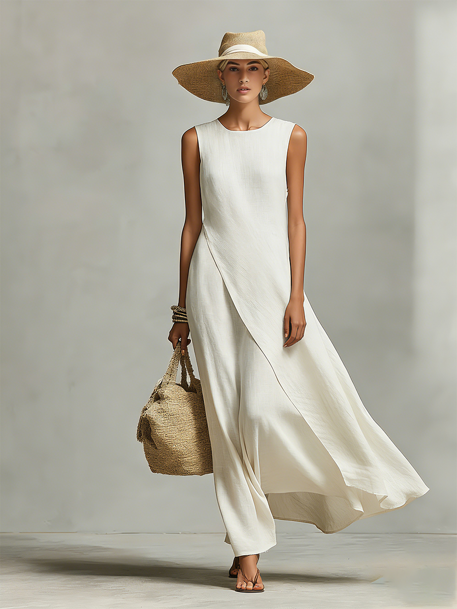 Solène Linen Maxi Dress Ivory Sleeveless Layered Midi