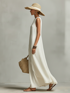 Solène Linen Maxi Dress Ivory Sleeveless Layered Midi