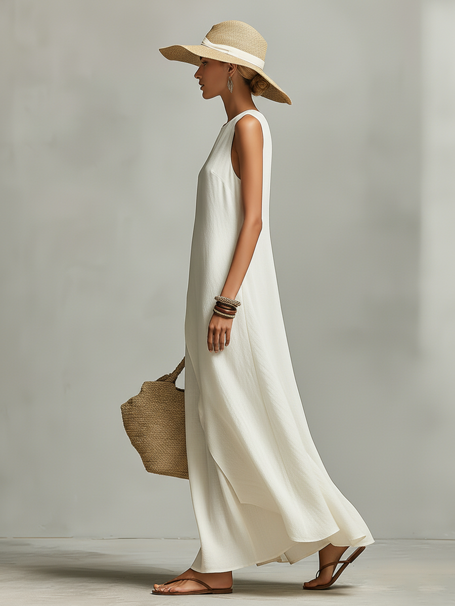 Solène Linen Maxi Dress Ivory Sleeveless Layered Midi