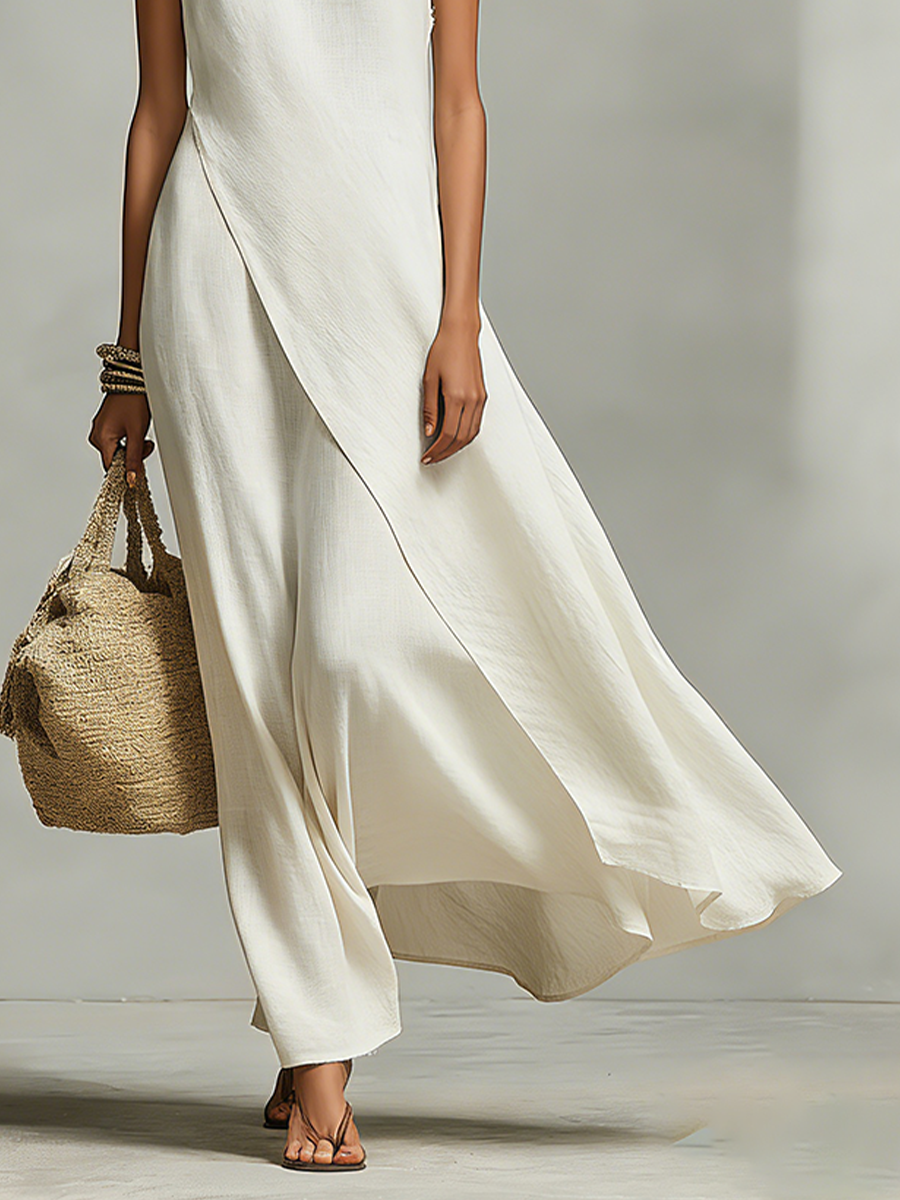 Women’s Ivory Linen Sleeveless Asymmetric Hem Maxi Dress – Casual Elegant Resort Summer Dress